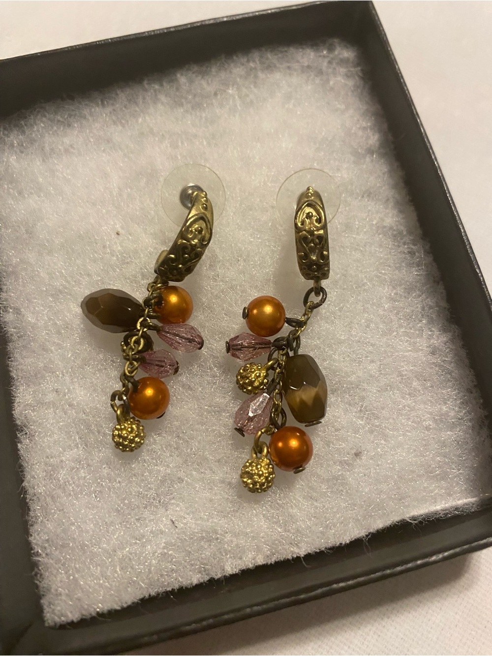Gold-Tone Cluster Drop Earrings with Brown and Pink Beads